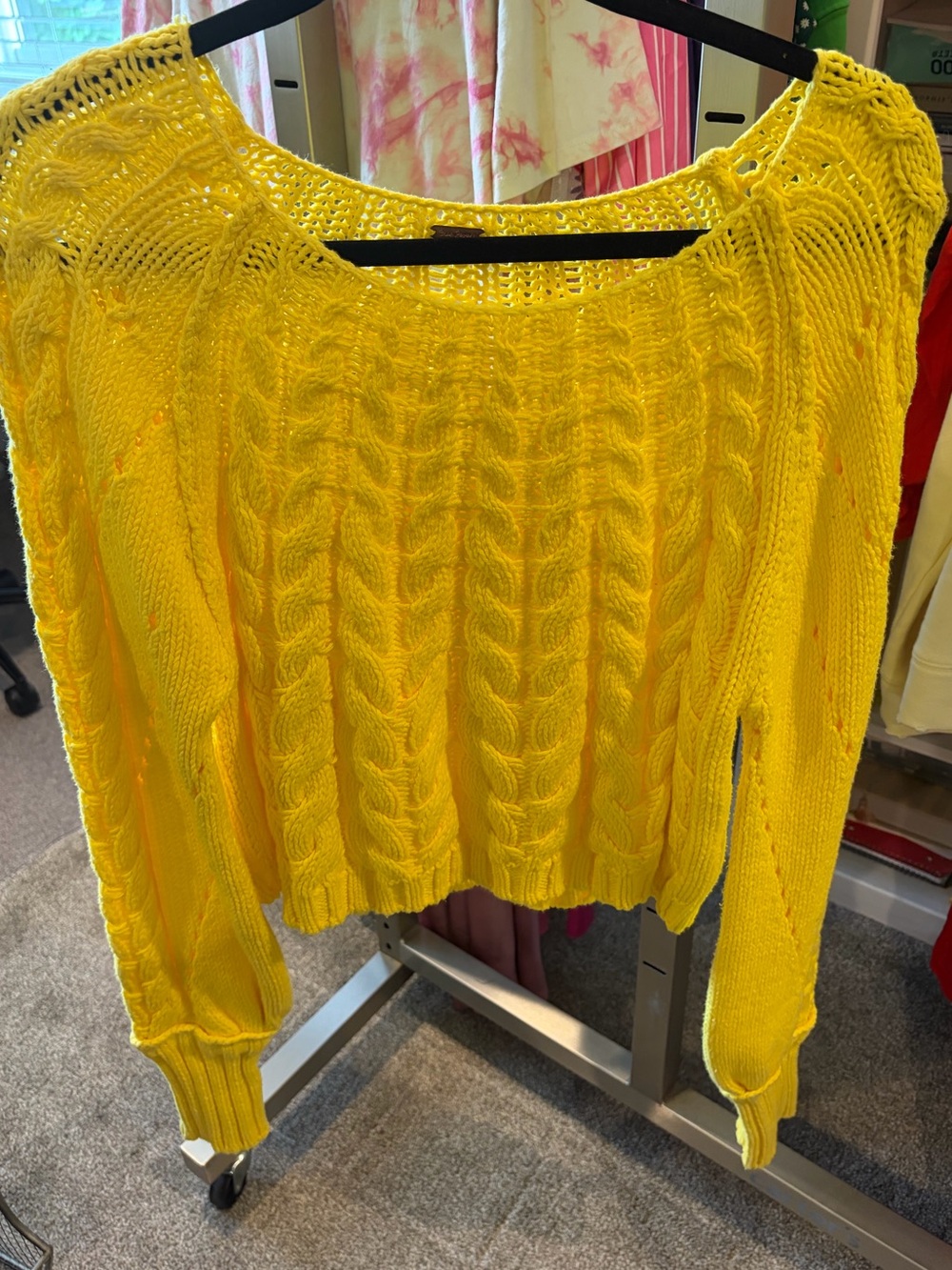 Free People Bright Yellow Cable Knit Scoop-Neck Sweater
